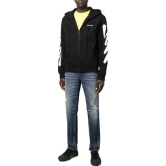 Off-White Hombre SS22 Chaqueta con cremallera y estampado de rayas diagonales, versión negra