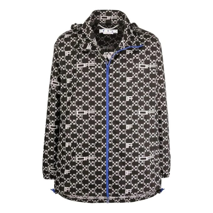 Off-White Hombre SS22 Estampado Geométrico Completo Cuello Alto Chaqueta Con Capucha Versión Otoño Negro