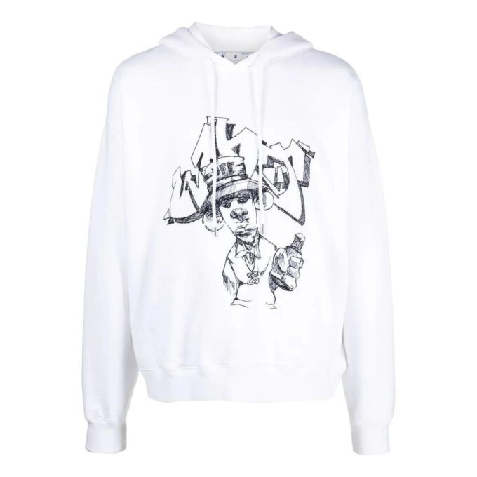 Off-White Hombre SS22 Sudadera con cordón y estampado de grafitis, corte holgado, blanco
