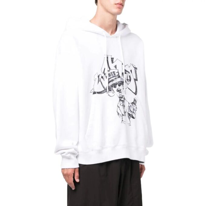 Off-White Hombre SS22 Sudadera con cordón y estampado de grafitis, corte holgado, blanco