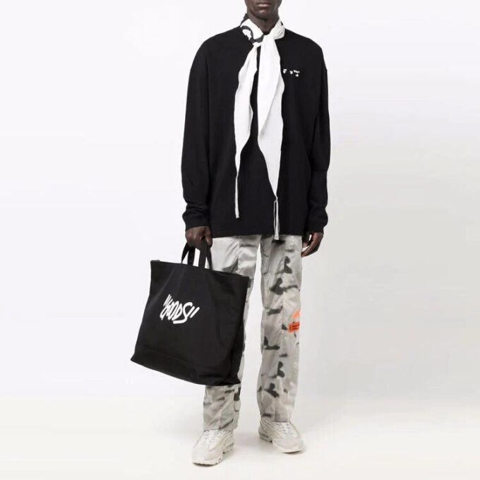Off-White Jerséis de cuello redondo con logo en el pecho para hombre FW21, corte holgado, negro