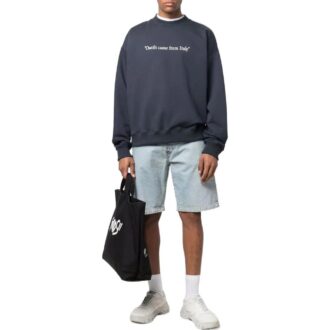 Off-White Jerséis de hombre TM22 de color liso con estampado de letras, cuello redondo y manga larga, versión azul