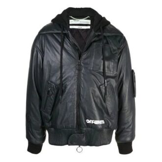 Off-White Men’s Logo Printing Pattern Leather Aviator Jacket Black