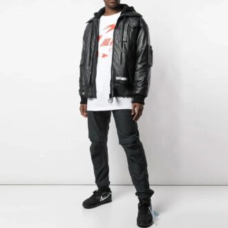 Off-White Men’s Logo Printing Pattern Leather Aviator Jacket Black