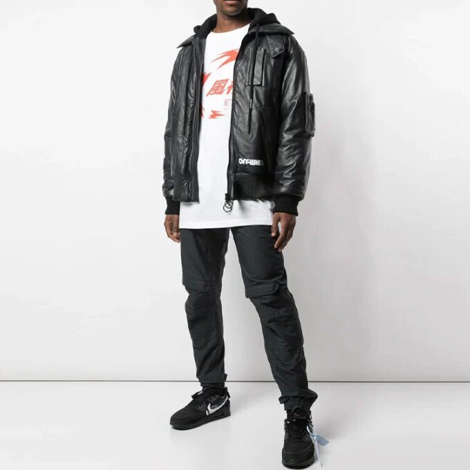 Off-White Men’s Logo Printing Pattern Leather Aviator Jacket Black