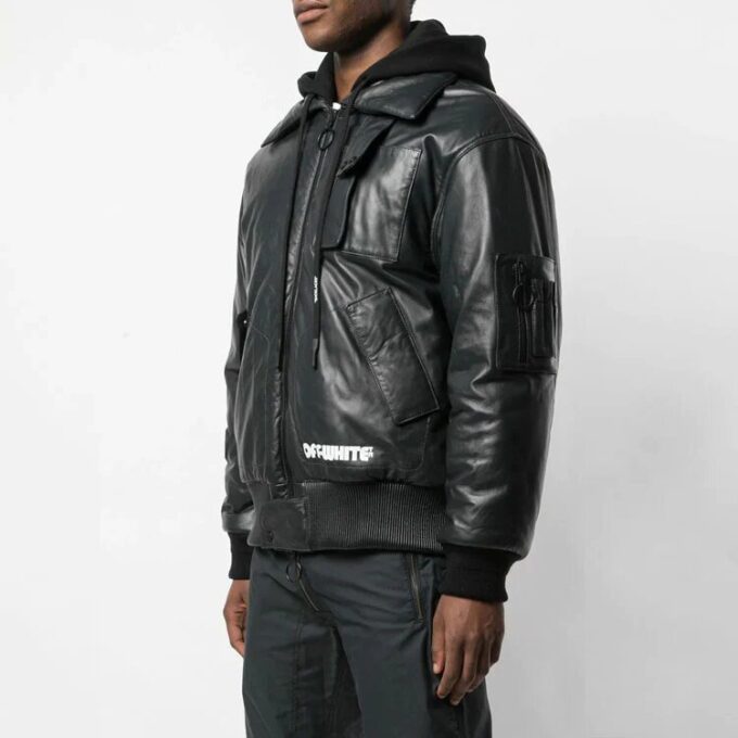 Off-White Men’s Logo Printing Pattern Leather Aviator Jacket Black