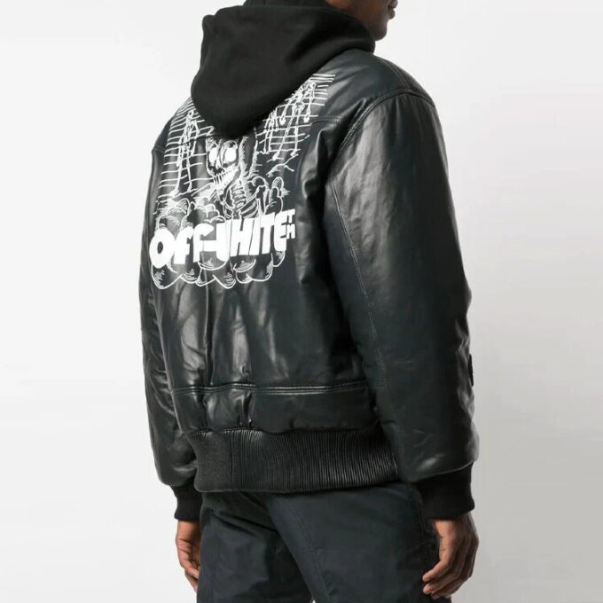 Off-White Men’s Logo Printing Pattern Leather Aviator Jacket Black