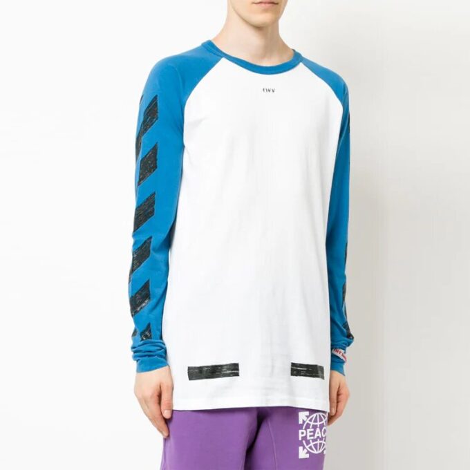 Off-White Men’s Raglan Sleeve Colorblock Paint Arrow Long Sleeve Colorblock T-Shirt