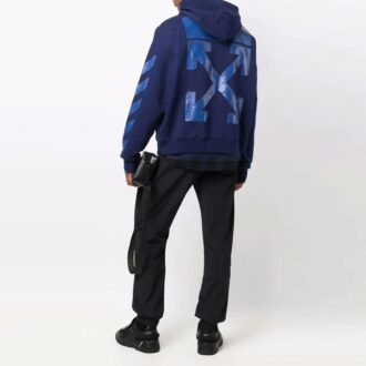 Off-White Pantalones cortos de hombre FW21 con estampado icónico de flechas, cordón y corte holgado, azul