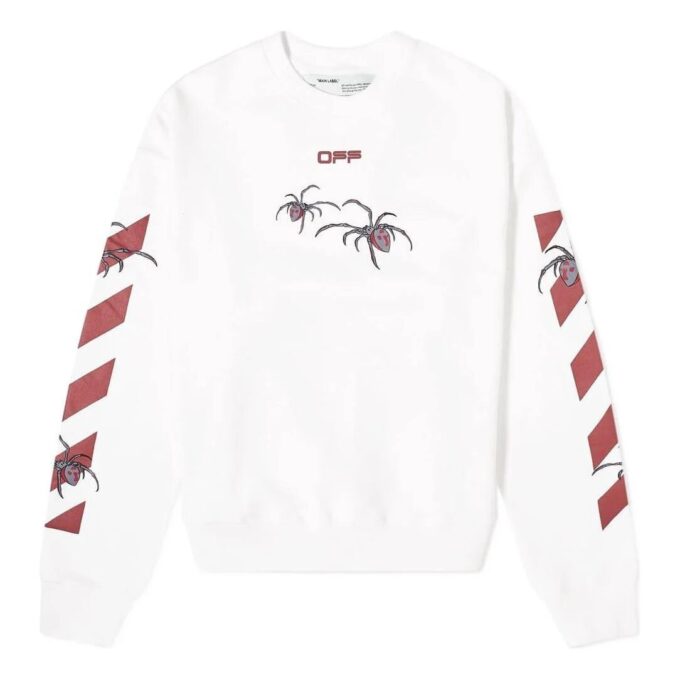 Off-White para hombre con estampado de araña y logotipo, cuello redondo y manga larga, blanco