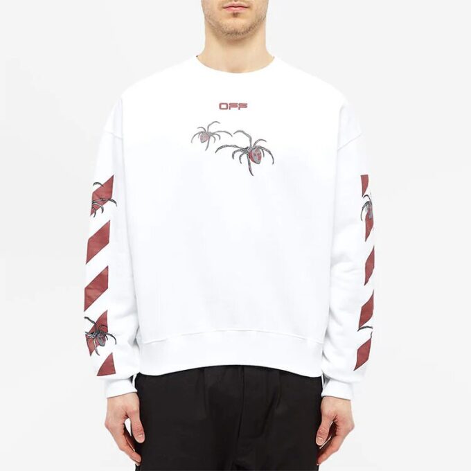 Off-White para hombre con estampado de araña y logotipo, cuello redondo y manga larga, blanco