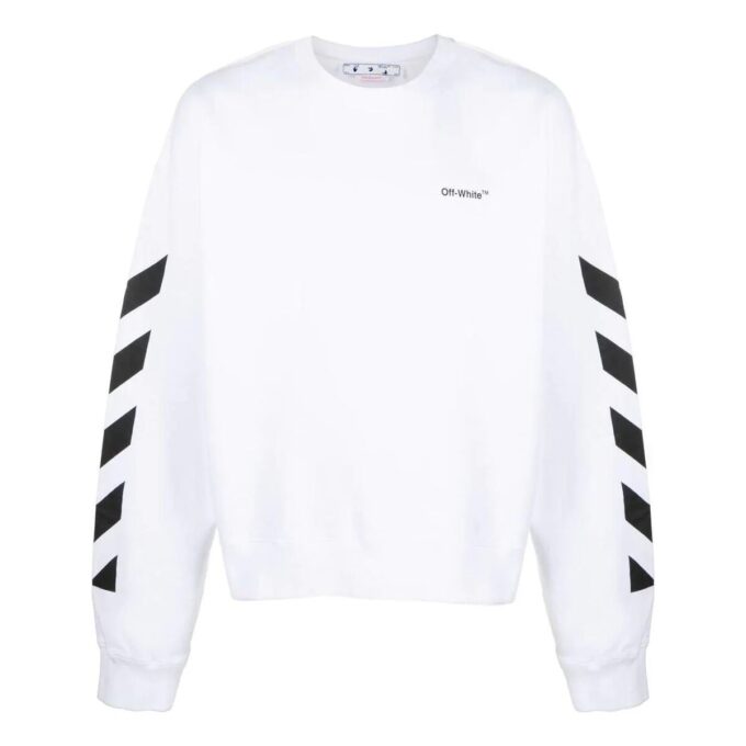 Off-White para hombre FW22 con rayas laterales y estampado de letras, cuello redondo recto y manga larga, otoño, blanco