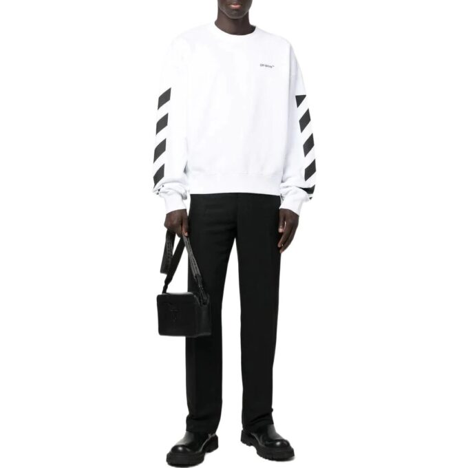 Off-White para hombre FW22 con rayas laterales y estampado de letras, cuello redondo recto y manga larga, otoño, blanco