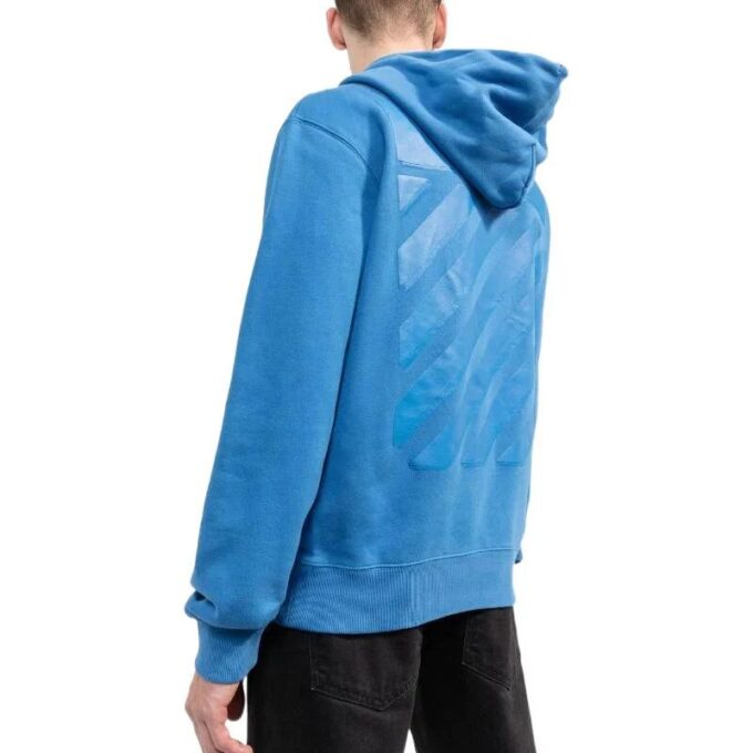 Off-White para hombre FW22, versión de manga larga con capucha y estampado de rayas en la espalda, color liso, azul