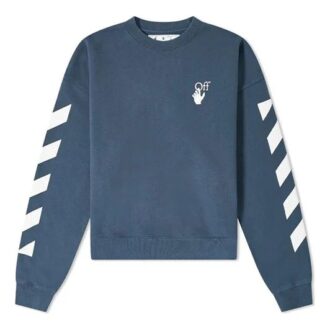 Off-White para hombre, temporada primavera-verano 2021, jersey de cuello redondo con estampado de logotipo y rayas, corte holgado, azul