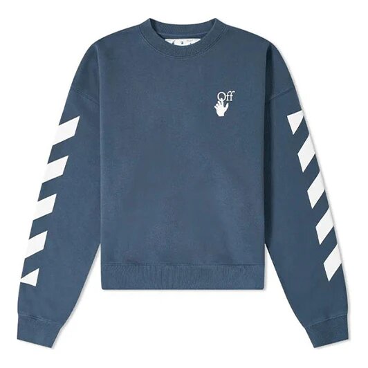 Off-White para hombre, temporada primavera-verano 2021, jersey de cuello redondo con estampado de logotipo y rayas, corte holgado, azul