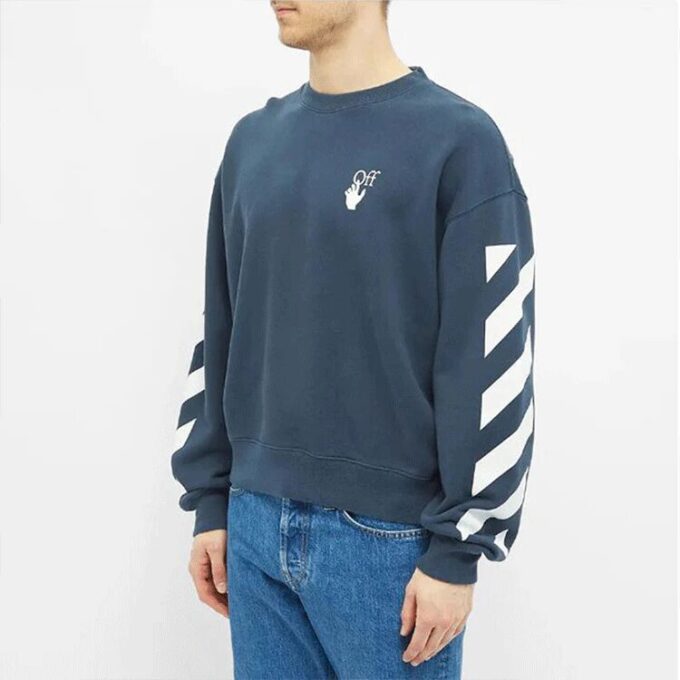 Off-White para hombre, temporada primavera-verano 2021, jersey de cuello redondo con estampado de logotipo y rayas, corte holgado, azul