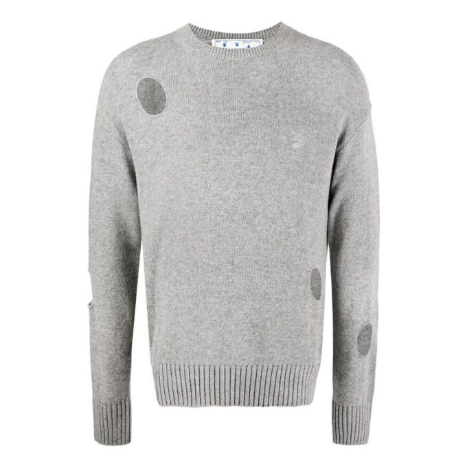 Off-White Pullover de cuello redondo de manga larga de lana para hombre, colección primavera-verano 2022, color liso, gris
