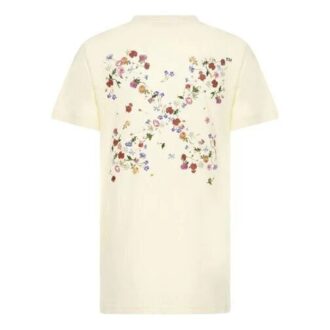 Off-White SS21 Camiseta de manga corta con flores bordadas y flecha, color blanco cremoso