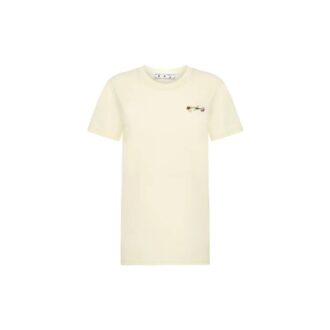 Off-White SS21 Camiseta de manga corta con flores bordadas y flecha, color blanco cremoso