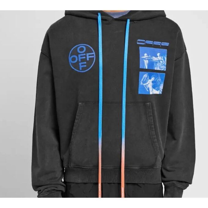 Off-White Sudadera con capucha y cordón para hombre, estampado gráfico, manga larga, gris oscuro