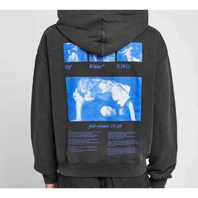 Off-White Sudadera con capucha y cordón para hombre, estampado gráfico, manga larga, gris oscuro