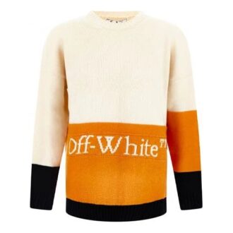 Off-White Suéter de lana de hombre FW21 con estampado de logotipo, holgado, manga larga y bloques de color, blanco
