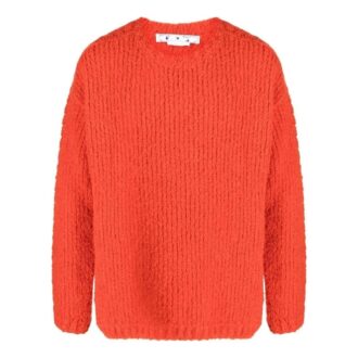 Off-White Suéter de lana de manga larga con cuello redondo y logotipo bordado, color liso, corte holgado, naranja, para hombre, FW22
