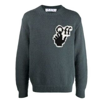 Off-White Suéter de lana para hombre FW21 de cuello redondo y manga larga con intrincado diseño en el pecho, corte holgado, color verde