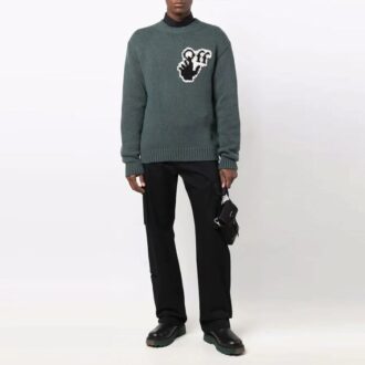 Off-White Suéter de lana para hombre FW21 de cuello redondo y manga larga con intrincado diseño en el pecho, corte holgado, color verde