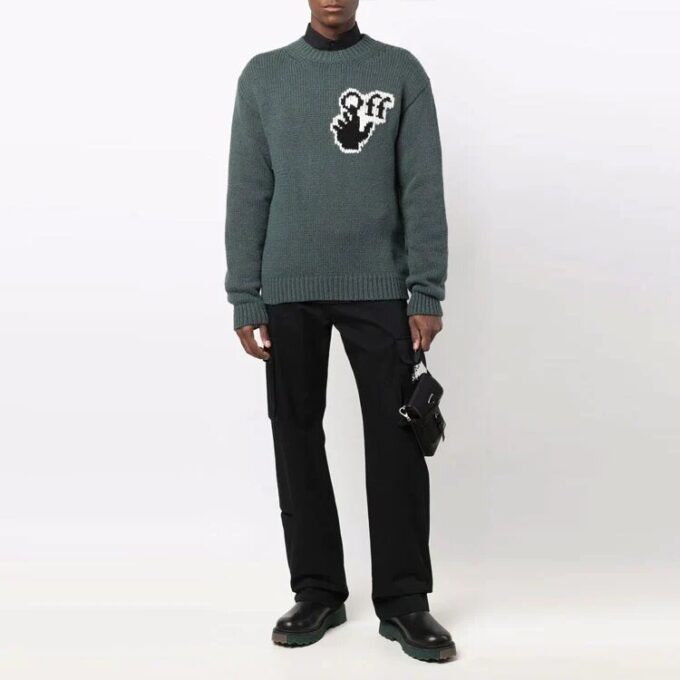 Off-White Suéter de lana para hombre FW21 de cuello redondo y manga larga con intrincado diseño en el pecho, corte holgado, color verde