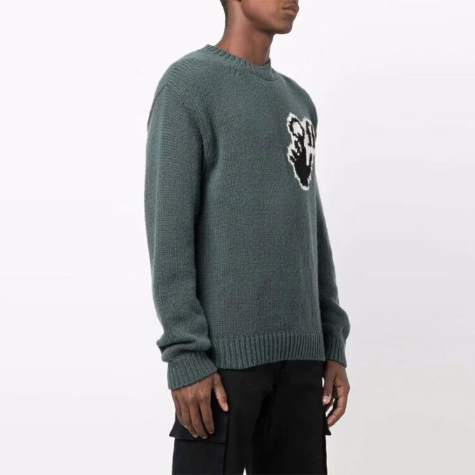 Off-White Suéter de lana para hombre FW21 de cuello redondo y manga larga con intrincado diseño en el pecho, corte holgado, color verde