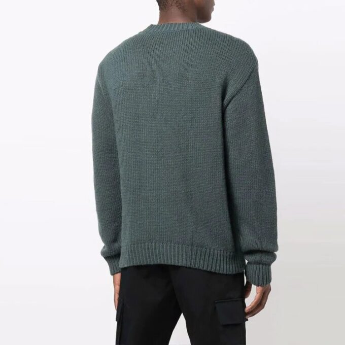 Off-White Suéter de lana para hombre FW21 de cuello redondo y manga larga con intrincado diseño en el pecho, corte holgado, color verde