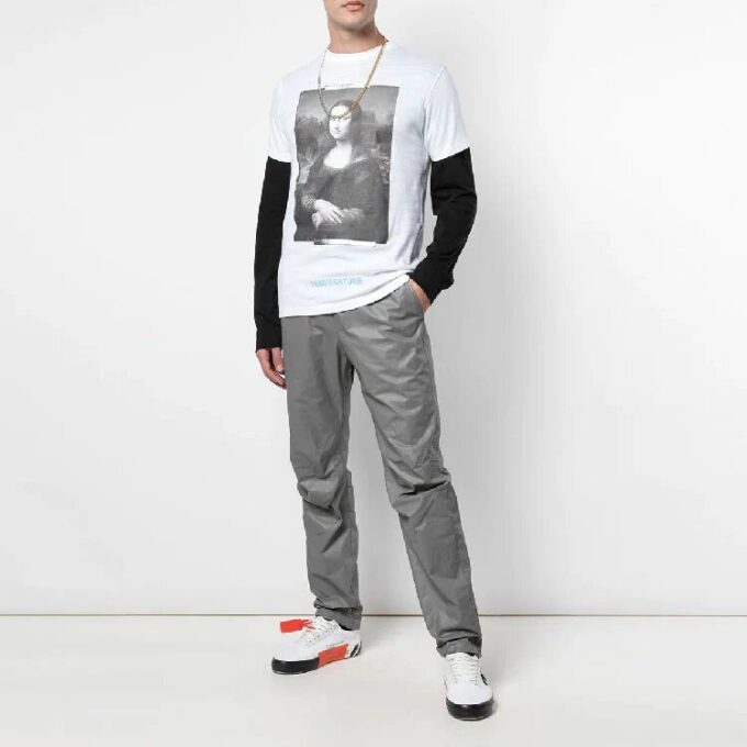 Off-White x MCA Crossover Jerset de cuello redondo con estampado de la Mona Lisa, manga corta y corte ajustado, color blanco