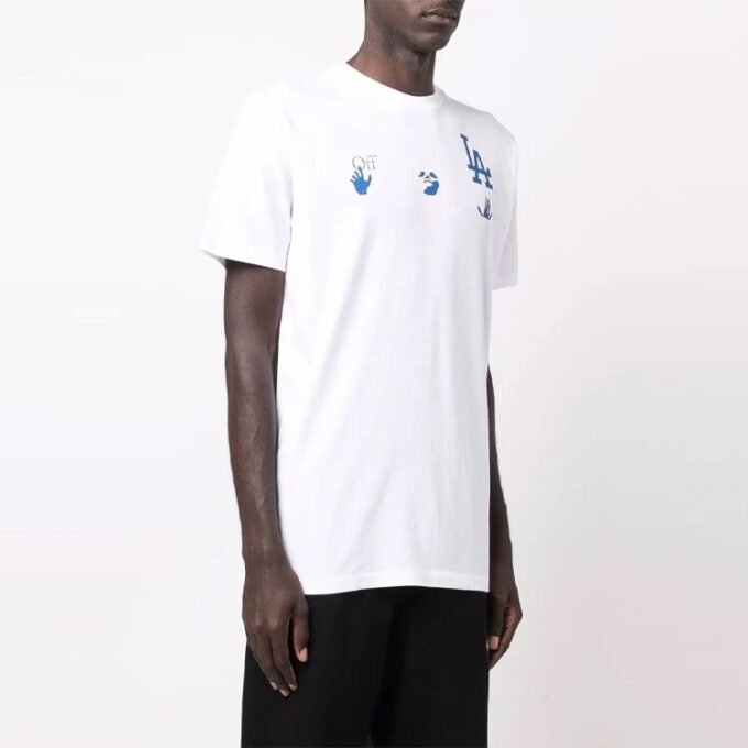 Off-White x New Era x MLB Crossover SS22 Camiseta de manga corta con estampado del logotipo de los LA Dodgers, versión estándar, blanco
