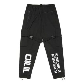 Pantalones cargo con estampado de logotipo. Pantalones casuales funcionales. Negro