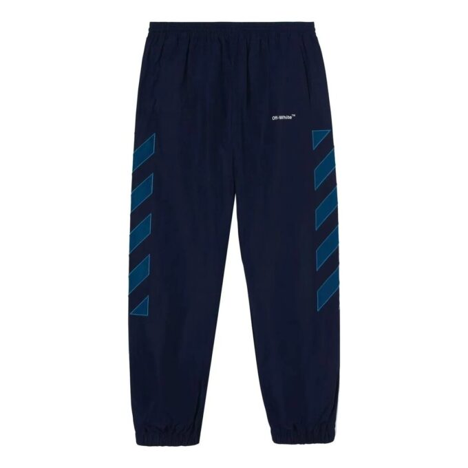 Pantalones deportivos informales para hombre Off-White de la colección SS22 con estampado de rayas y logotipo, azul marino