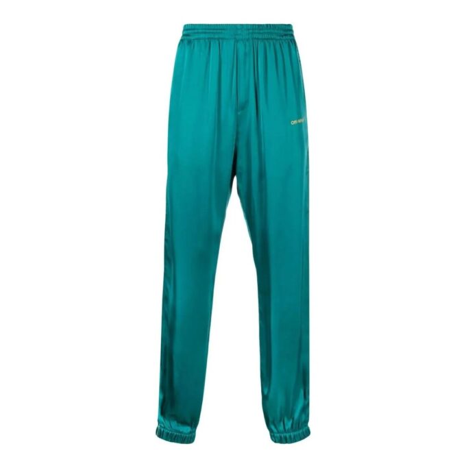 Pantalones deportivos Off-White para hombre FW22 con cintura elástica de satén y pies integrados, versión verde
