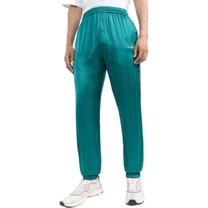 Pantalones deportivos Off-White para hombre FW22 con cintura elástica de satén y pies integrados, versión verde