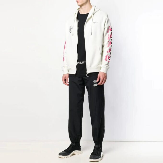 Pantalones informales de hombre Off-White de color liso con raya lateral blanca, negros
