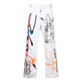 Pantalones informales rectos de cintura alta con estampado de grafitis Off-White para hombre, colección FW22, versión en blanco