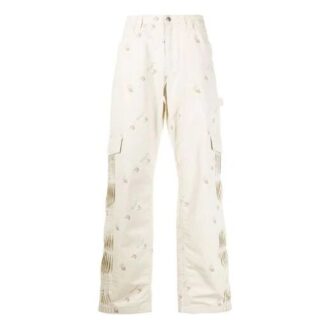 Pantalones largos informales de hombre Off-White con patrón geométrico y hebilla, corte holgado, color blanco