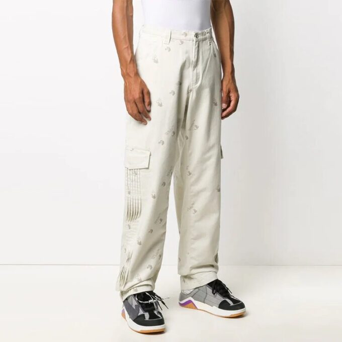 Pantalones largos informales de hombre Off-White con patrón geométrico y hebilla, corte holgado, color blanco