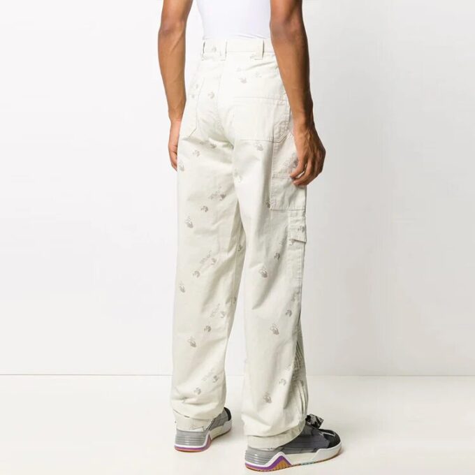 Pantalones largos informales de hombre Off-White con patrón geométrico y hebilla, corte holgado, color blanco