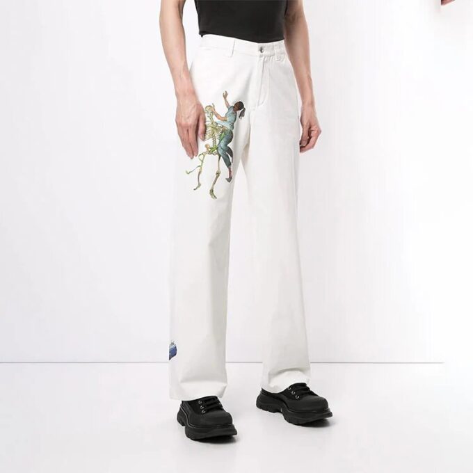 Pantalones largos rectos con estampado, corte holgado, blancos