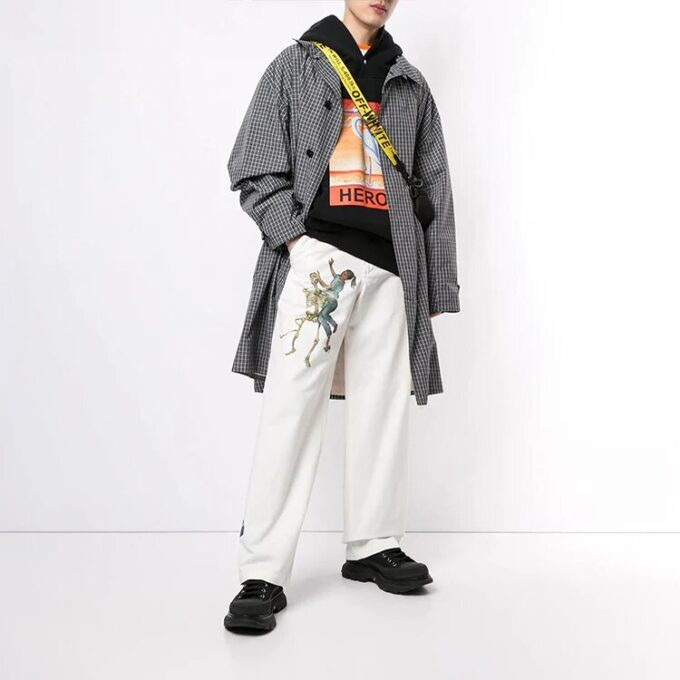 Pantalones largos rectos con estampado, corte holgado, blancos