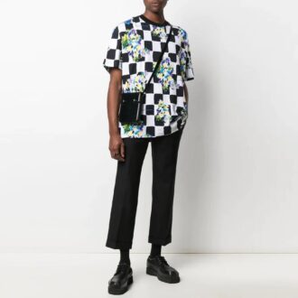 SS21 Camiseta de manga corta con estampado de flores y cuadros, pantalones cortos, corte holgado, color blanco