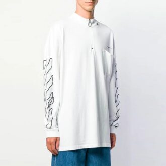 SS21 Camiseta de manga larga con logo de flecha, media cremallera y corte holgado, color blanco SS21 Camiseta de manga larga con logo de flecha, media cremallera y corte holgado, color blanco