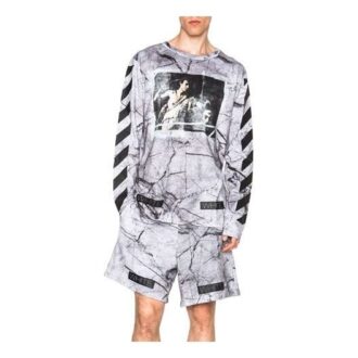 SS21 Jersey de cuello redondo con estampado grande, gris y blanco