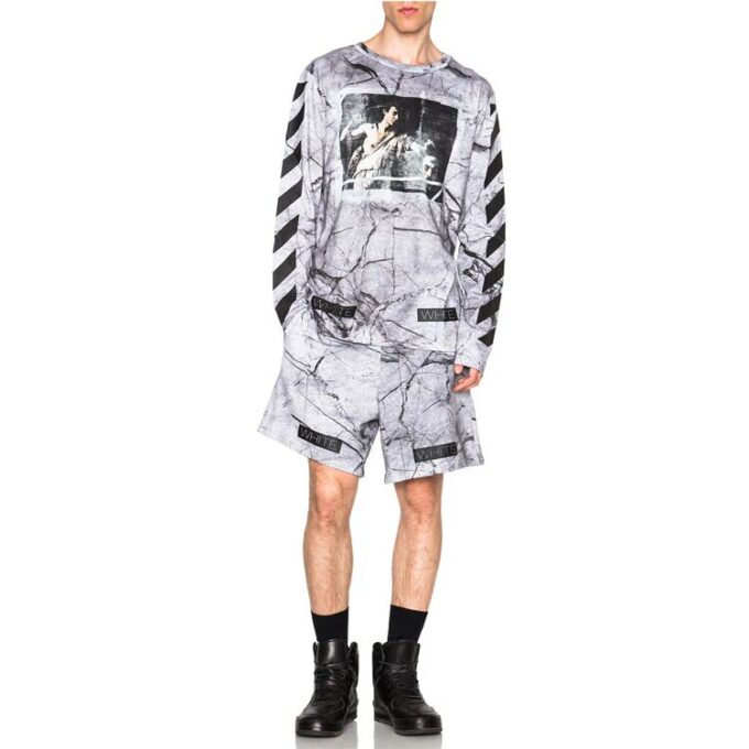 SS21 Jersey de cuello redondo con estampado grande, gris y blanco